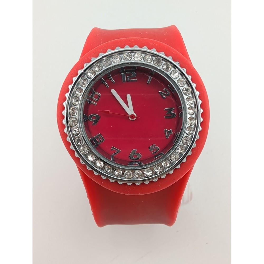 Women's Red Slap Band Watch Rhinestone Bezel Red Dial- New Battery